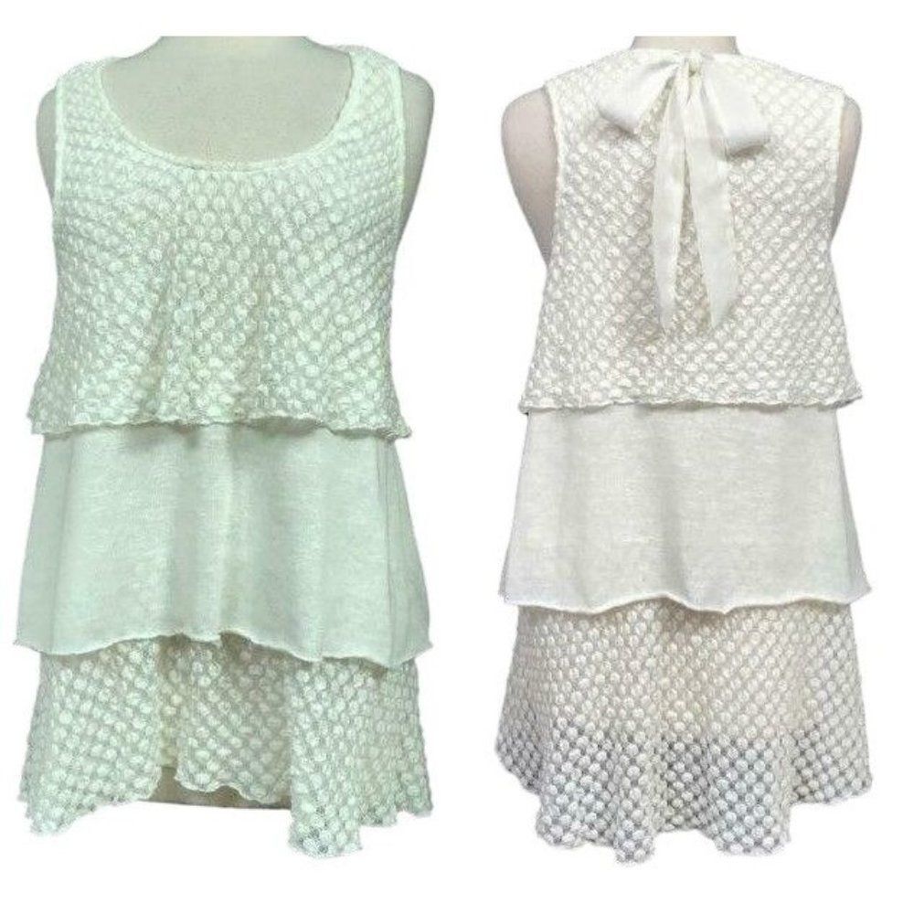 Anthropologie Sz L a'reve White Tiered Pucker Pullover Top Back Tie Sleeveless